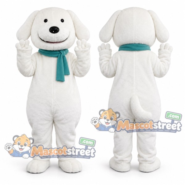 White Dog Mascot Costume with Teal Scarf