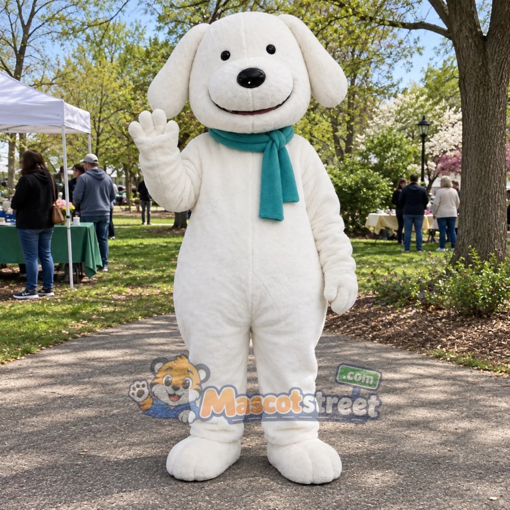 White Dog Mascot Costume with Teal Scarf White Dog Mascot Costume with Teal Scarf