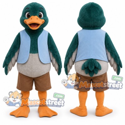 Green Duck Mascot Costume with Blue Vest and Khaki Shorts