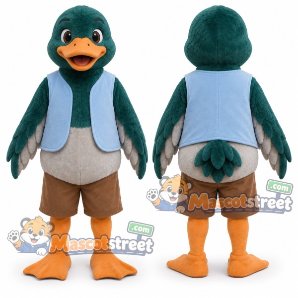 Green Duck Mascot Costume with Blue Vest and Khaki Shorts