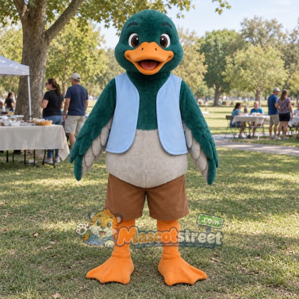 Green Duck Mascot Costume with Blue Vest and Khaki Shorts