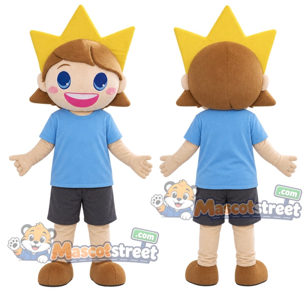 Sunshine Boy Mascot Costume with Blue Shirt and Gray Shorts