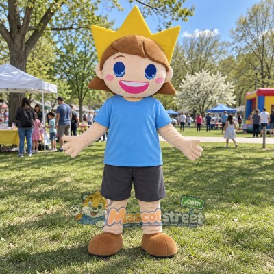 Sunshine Boy Mascot Costume with Blue Shirt and Gray Shorts