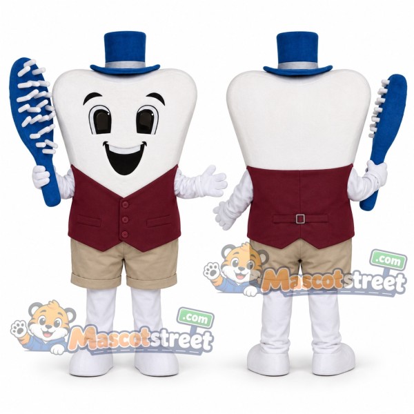 White Tooth Mascot Costume with Burgundy Vest and Blue Top Hat