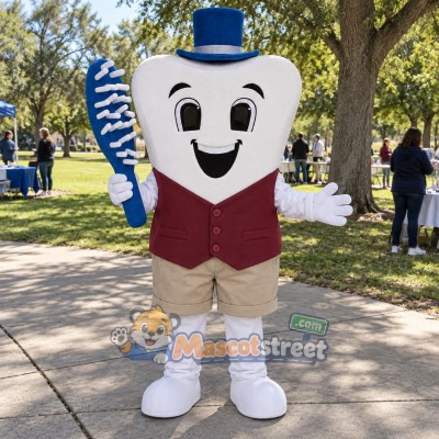 White Tooth Mascot Costume with Burgundy Vest and Blue Top Hat