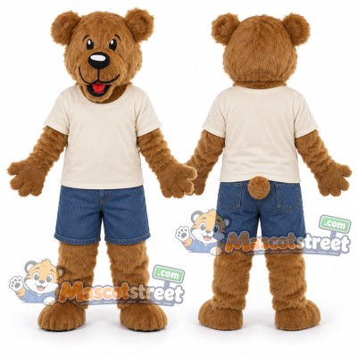 Brown Bear Mascot Costume with Cream Shirt and Blue Shorts Brown Bear Mascot Costume with Cream Shirt and Blue Shorts