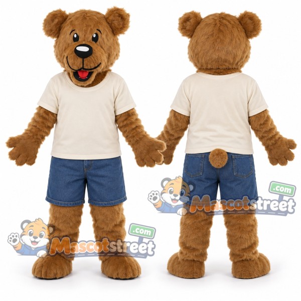 Brown Bear Mascot Costume with Cream Shirt and Blue Shorts