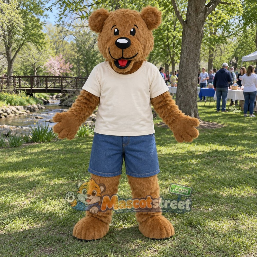 Brown Bear Mascot Costume with Cream Shirt and Blue Shorts Brown Bear Mascot Costume with Cream Shirt and Blue Shorts