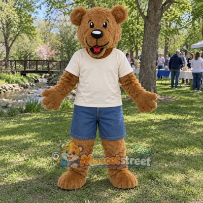 Brown Bear Mascot Costume with Cream Shirt and Blue Shorts Brown Bear Mascot Costume with Cream Shirt and Blue Shorts