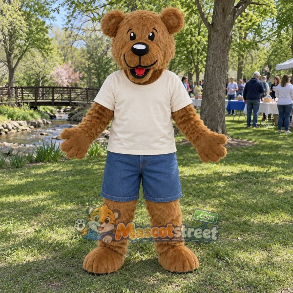 Brown Bear Mascot Costume with Cream Shirt and Blue Shorts