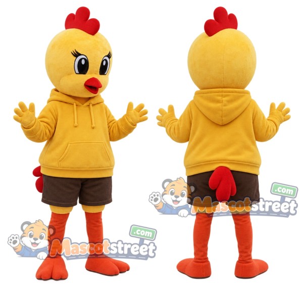 Yellow Chick Mascot Costume with Yellow Hoodie and Brown Shorts