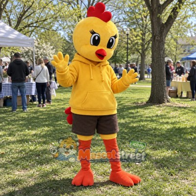 Yellow Chick Mascot Costume with Yellow Hoodie and Brown Shorts