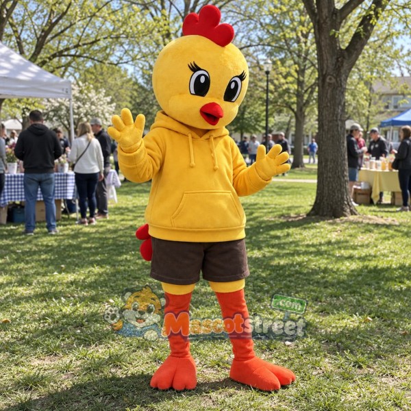 Yellow Chick Mascot Costume with Yellow Hoodie and Brown Shorts
