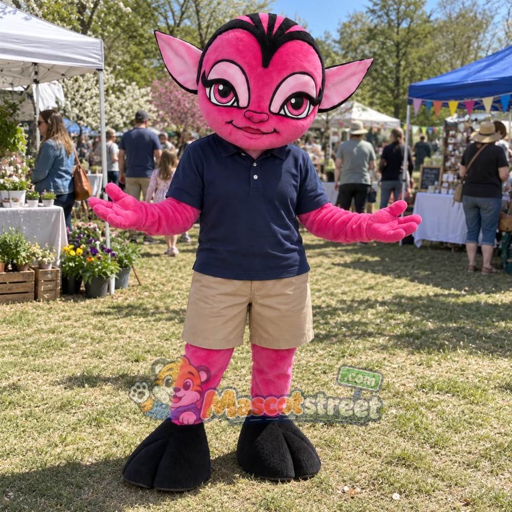 Pink Fantasy Creature Mascot Costume with Navy Shirt and Khaki Shorts