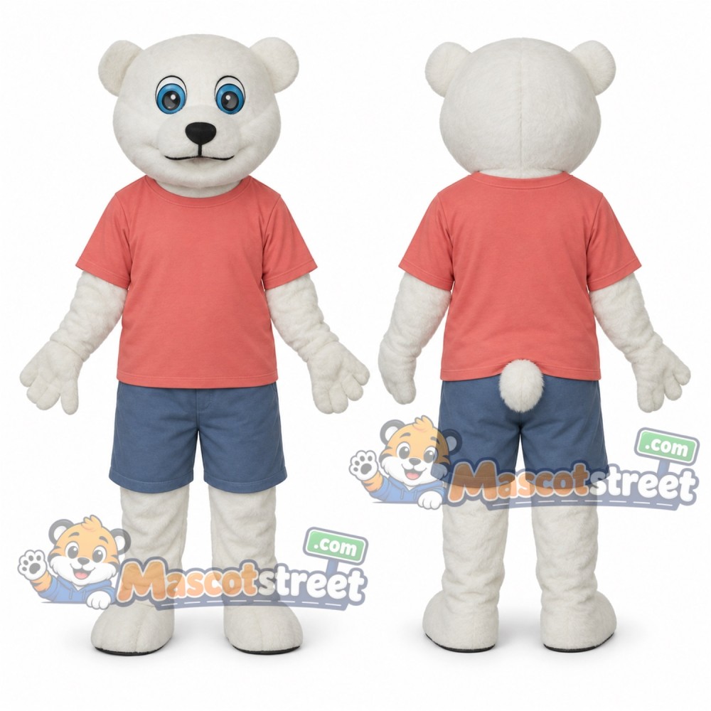 White Bear Mascot Costume with Coral Shirt and Blue Shorts White Bear Mascot Costume with Coral Shirt and Blue Shorts