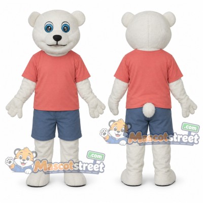 White Bear Mascot Costume with Coral Shirt and Blue Shorts White Bear Mascot Costume with Coral Shirt and Blue Shorts