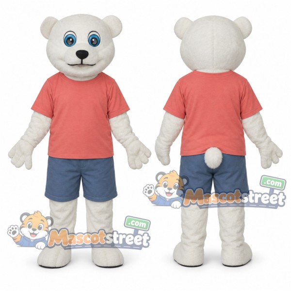 White Bear Mascot Costume with Coral Shirt and Blue Shorts
