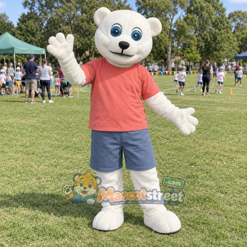 White Bear Mascot Costume with Coral Shirt and Blue Shorts White Bear Mascot Costume with Coral Shirt and Blue Shorts