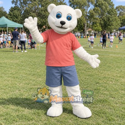 White Bear Mascot Costume with Coral Shirt and Blue Shorts White Bear Mascot Costume with Coral Shirt and Blue Shorts