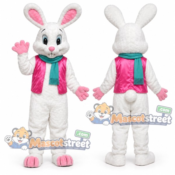 White Rabbit Mascot Costume with Pink Jacket and Teal Scarf