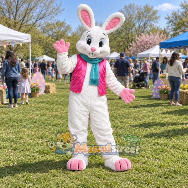 White Rabbit Mascot Costume with Pink Jacket and Teal Scarf