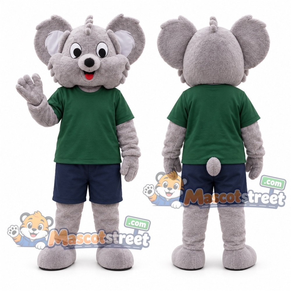 Gray Koala Mascot Costume with Green Shirt and Navy Shorts
