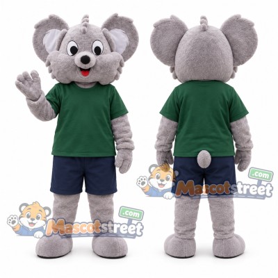 Gray Koala Mascot Costume with Green Shirt and Navy Shorts