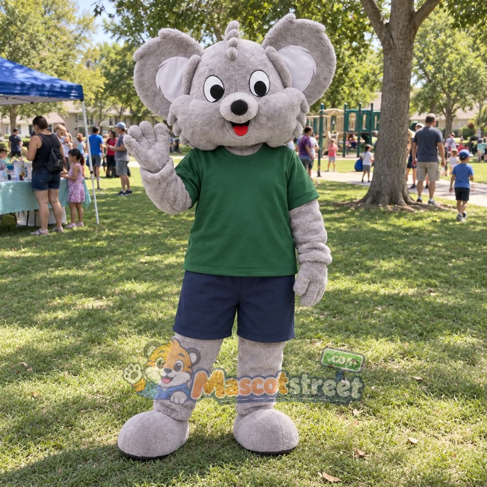 Gray Koala Mascot Costume with Green Shirt and Navy Shorts