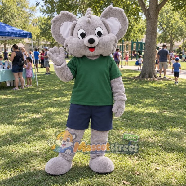 Gray Koala Mascot Costume with Green Shirt and Navy Shorts