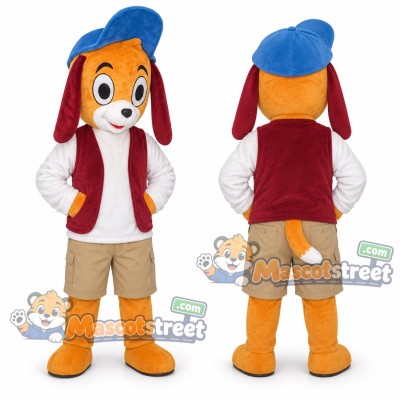 Orange Dog Mascot Costume with Burgundy Vest and Blue Cap Orange Dog Mascot Costume with Burgundy Vest and Blue Cap