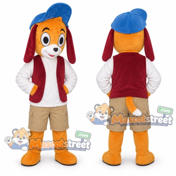 Orange Dog Mascot Costume with Burgundy Vest and Blue Cap