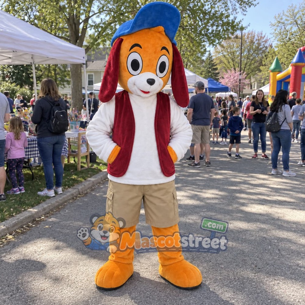 Orange Dog Mascot Costume with Burgundy Vest and Blue Cap Orange Dog Mascot Costume with Burgundy Vest and Blue Cap