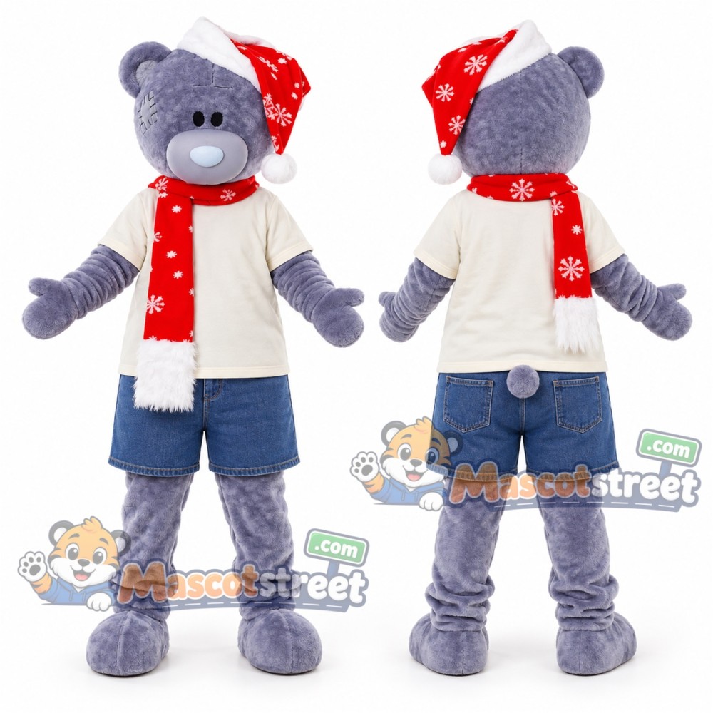 Blue-Gray Christmas Bear Mascot Costume with Cream Shirt and Red Scarf