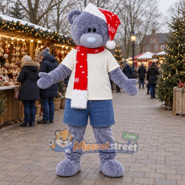 Blue-Gray Christmas Bear Mascot Costume with Cream Shirt and Red Scarf