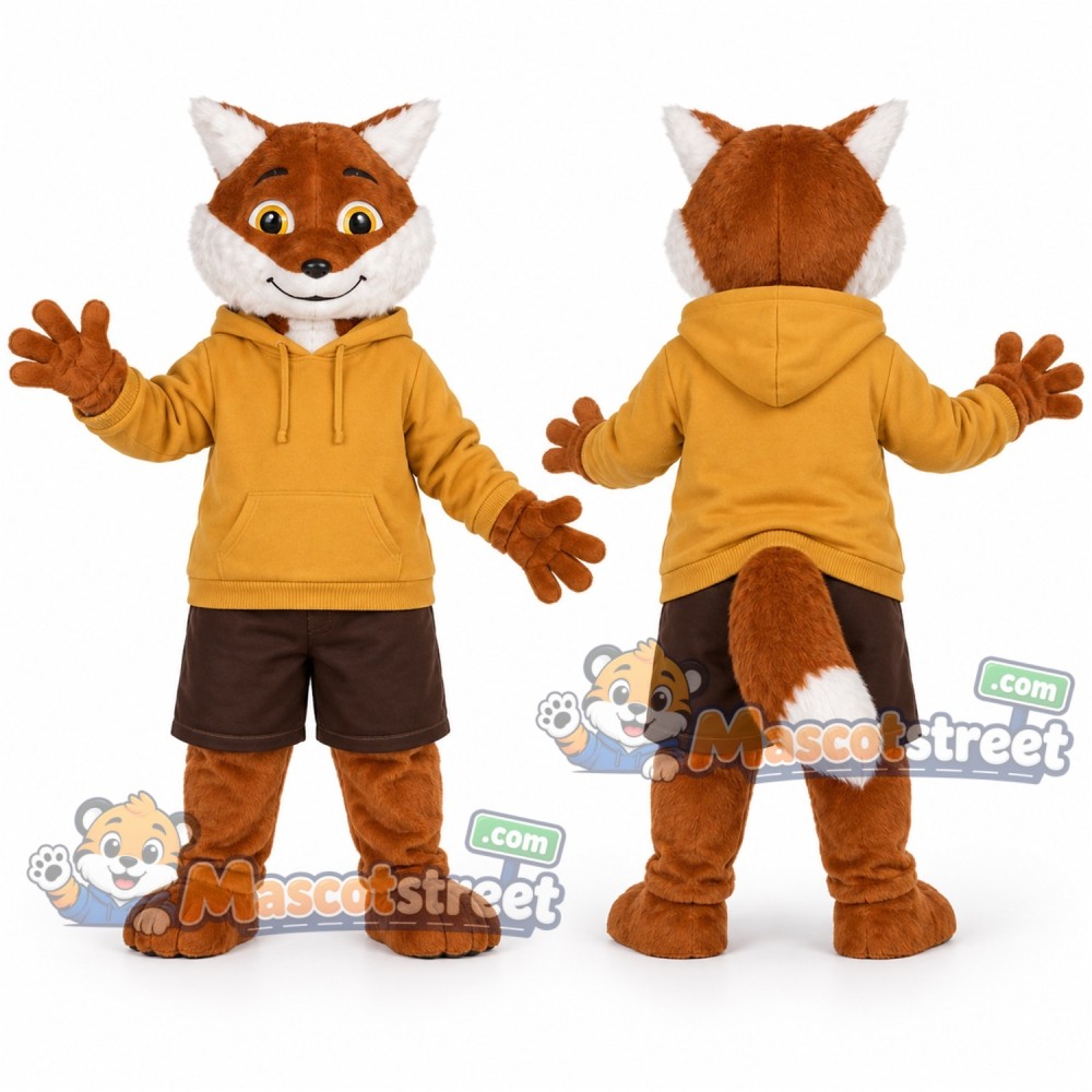 Brown Fox Mascot Costume with Yellow Hoodie and Brown Shorts Brown Fox Mascot Costume with Yellow Hoodie and Brown Shorts