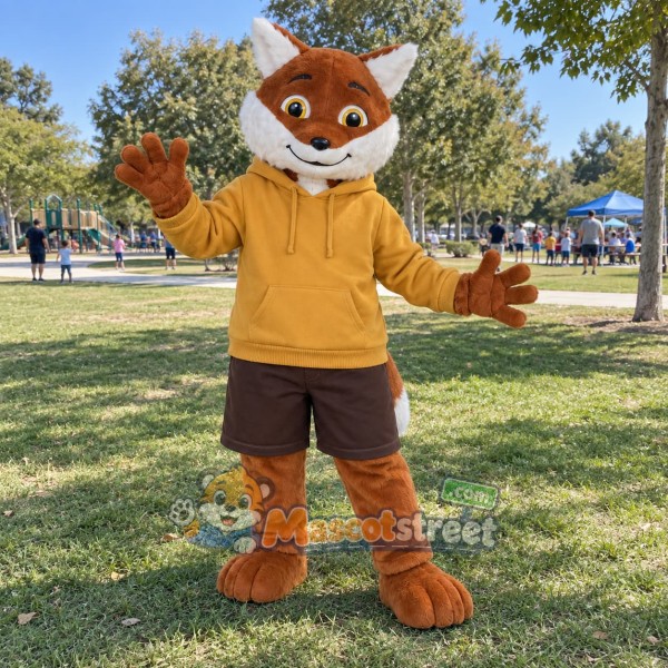 Brown Fox Mascot Costume with Yellow Hoodie and Brown Shorts