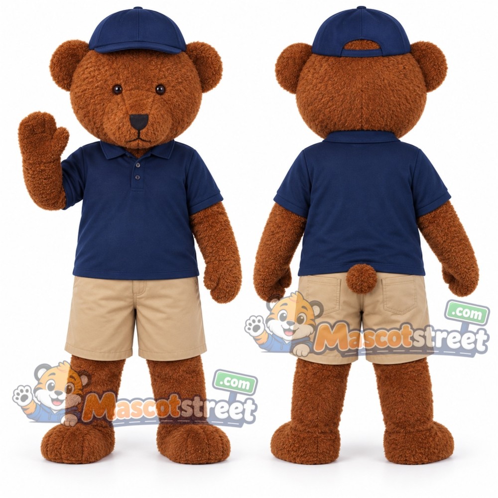 Brown Bear Mascot Costume with Navy Shirt and Blue Cap Brown Bear Mascot Costume with Navy Shirt and Blue Cap