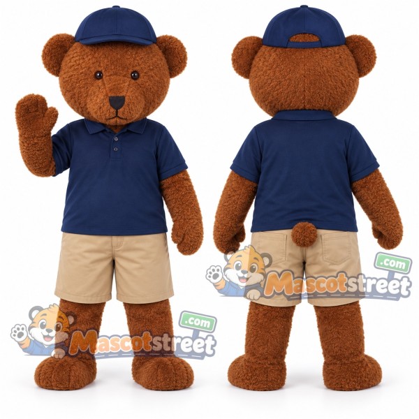 Brown Bear Mascot Costume with Navy Shirt and Blue Cap