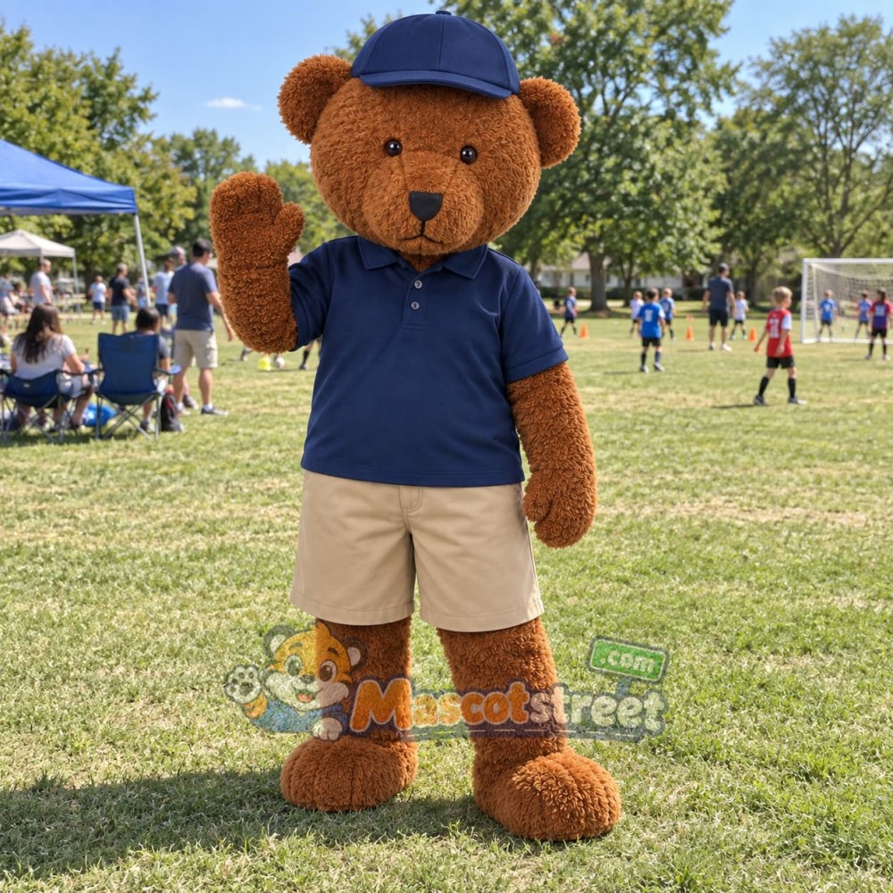 Brown Bear Mascot Costume with Navy Shirt and Blue Cap Brown Bear Mascot Costume with Navy Shirt and Blue Cap