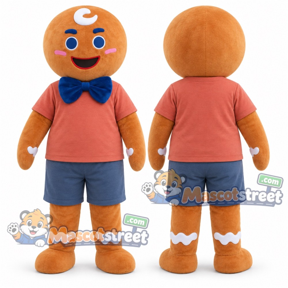 Gingerbread Man Mascot Costume with Coral Shirt and Blue Shorts