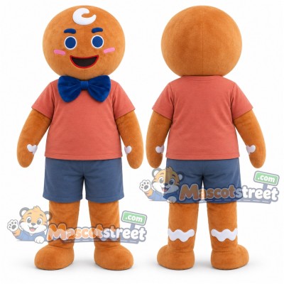 Gingerbread Man Mascot Costume with Coral Shirt and Blue Shorts