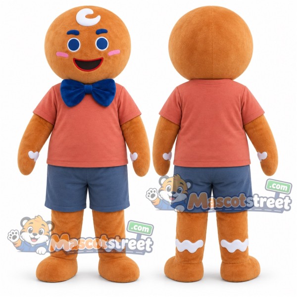 Gingerbread Man Mascot Costume with Coral Shirt and Blue Shorts