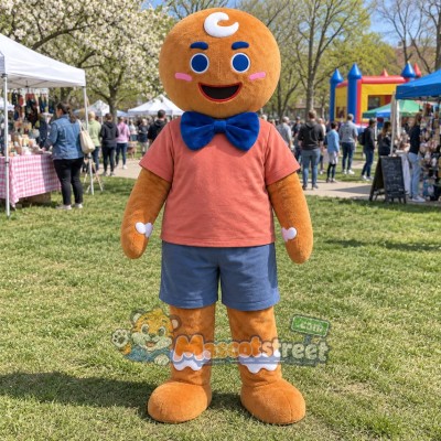 Gingerbread Man Mascot Costume with Coral Shirt and Blue Shorts