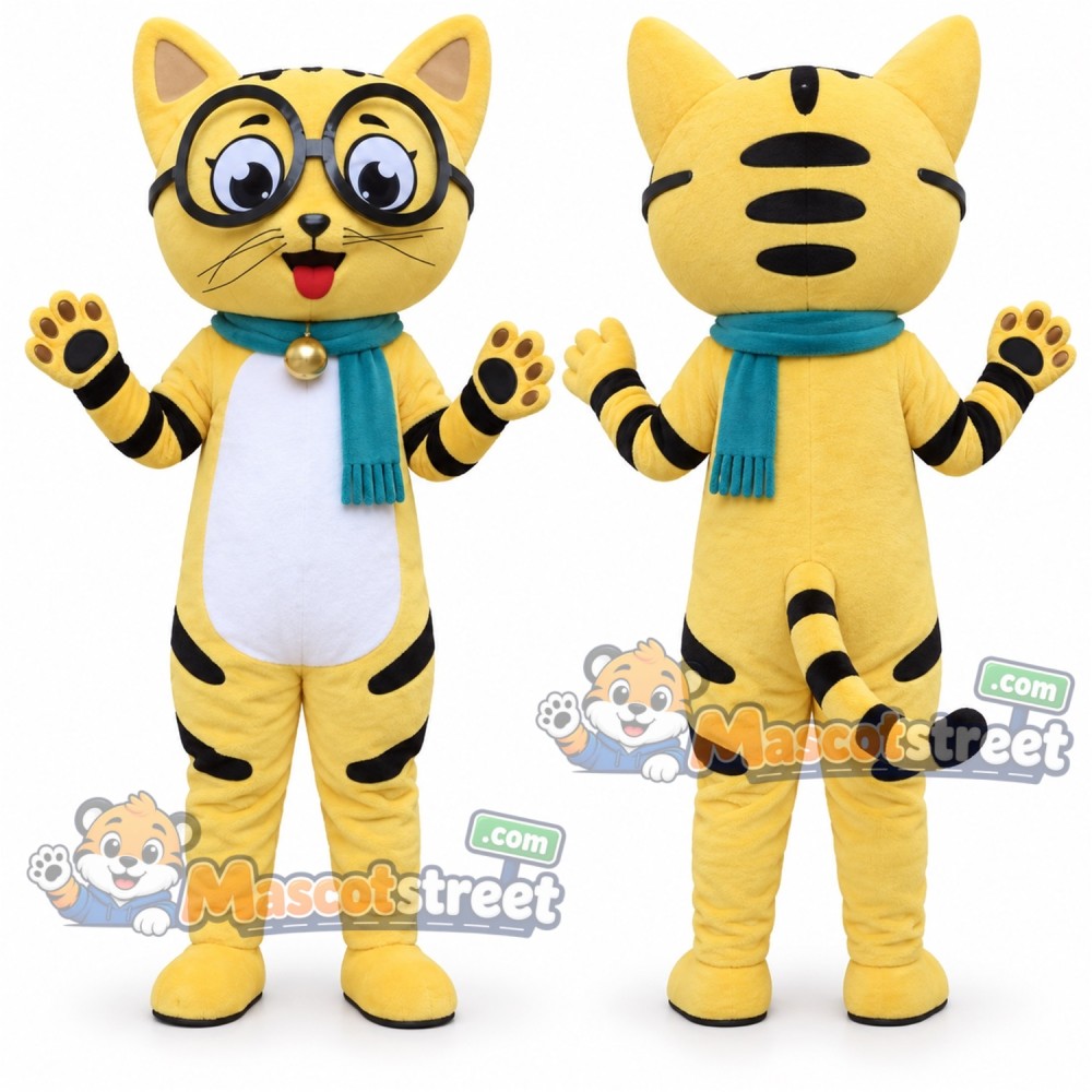 Yellow Tabby Cat Mascot Costume with Teal Scarf and Round Glasses