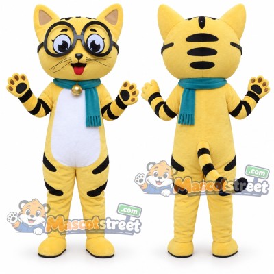 Yellow Tabby Cat Mascot Costume with Teal Scarf and Round Glasses