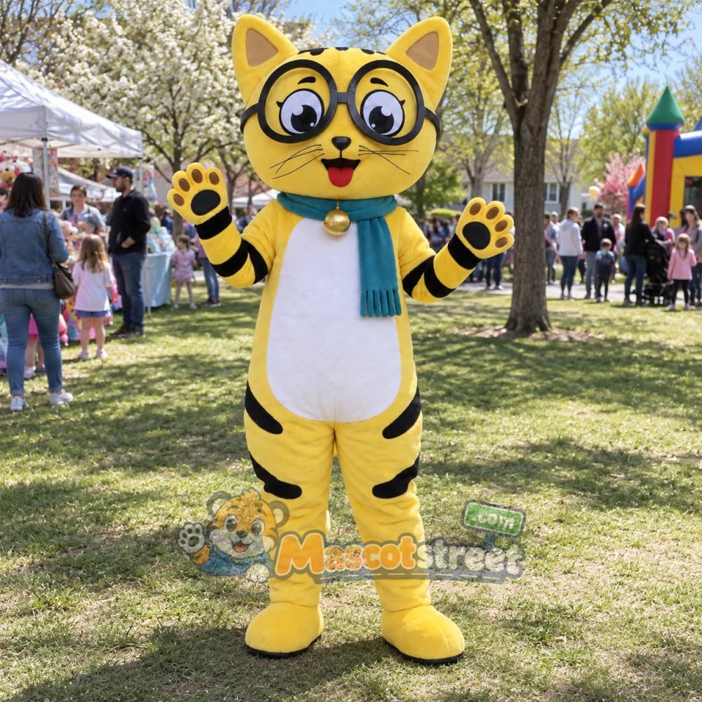 Yellow Tabby Cat Mascot Costume with Teal Scarf and Round Glasses