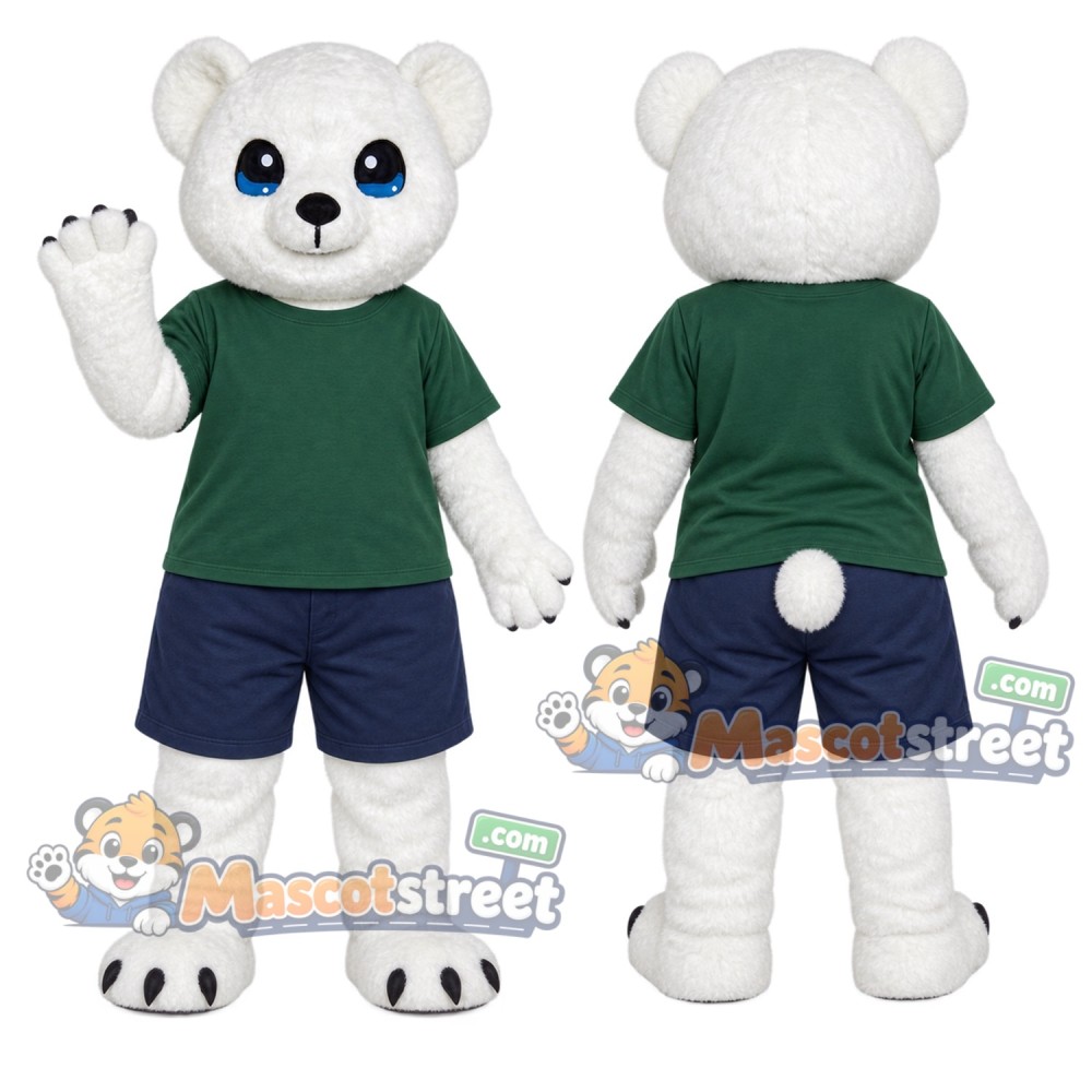 Polar Bear Mascot Costume with Green Shirt and Navy Shorts Polar Bear Mascot Costume with Green Shirt and Navy Shorts
