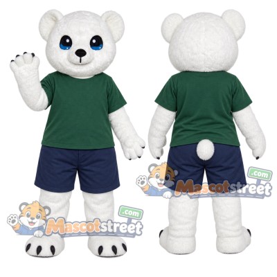 Polar Bear Mascot Costume with Green Shirt and Navy Shorts Polar Bear Mascot Costume with Green Shirt and Navy Shorts