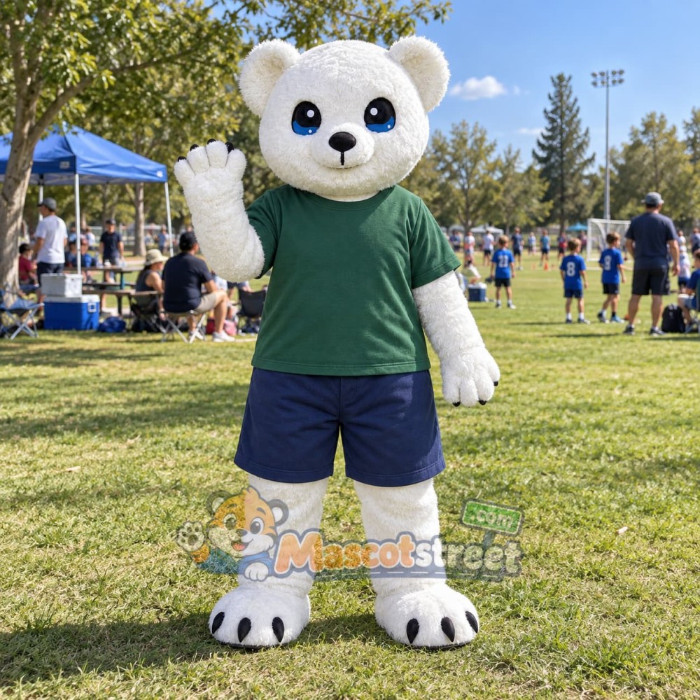 Polar Bear Mascot Costume with Green Shirt and Navy Shorts Polar Bear Mascot Costume with Green Shirt and Navy Shorts