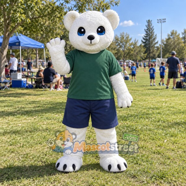 Polar Bear Mascot Costume with Green Shirt and Navy Shorts